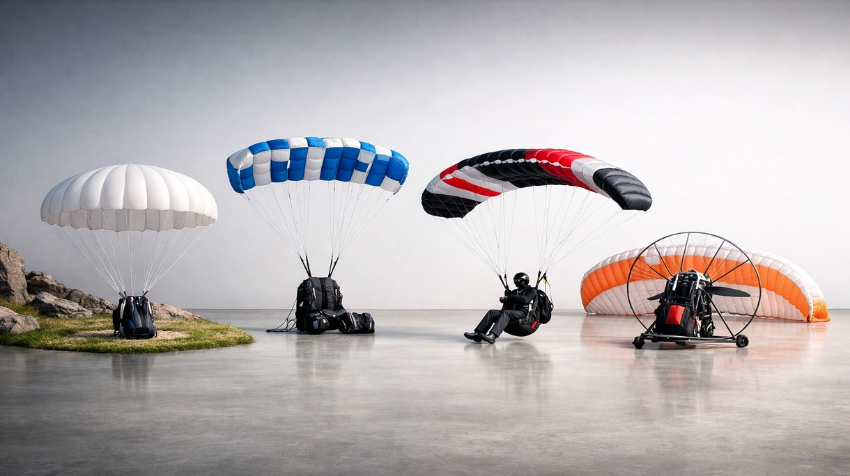 Ein Pilot trägt das Gurtzeug eines professionellen Einsitzer-Fallschirms für Notfälle und steht neben einem Hochleistungs-Kunstflugzeug.