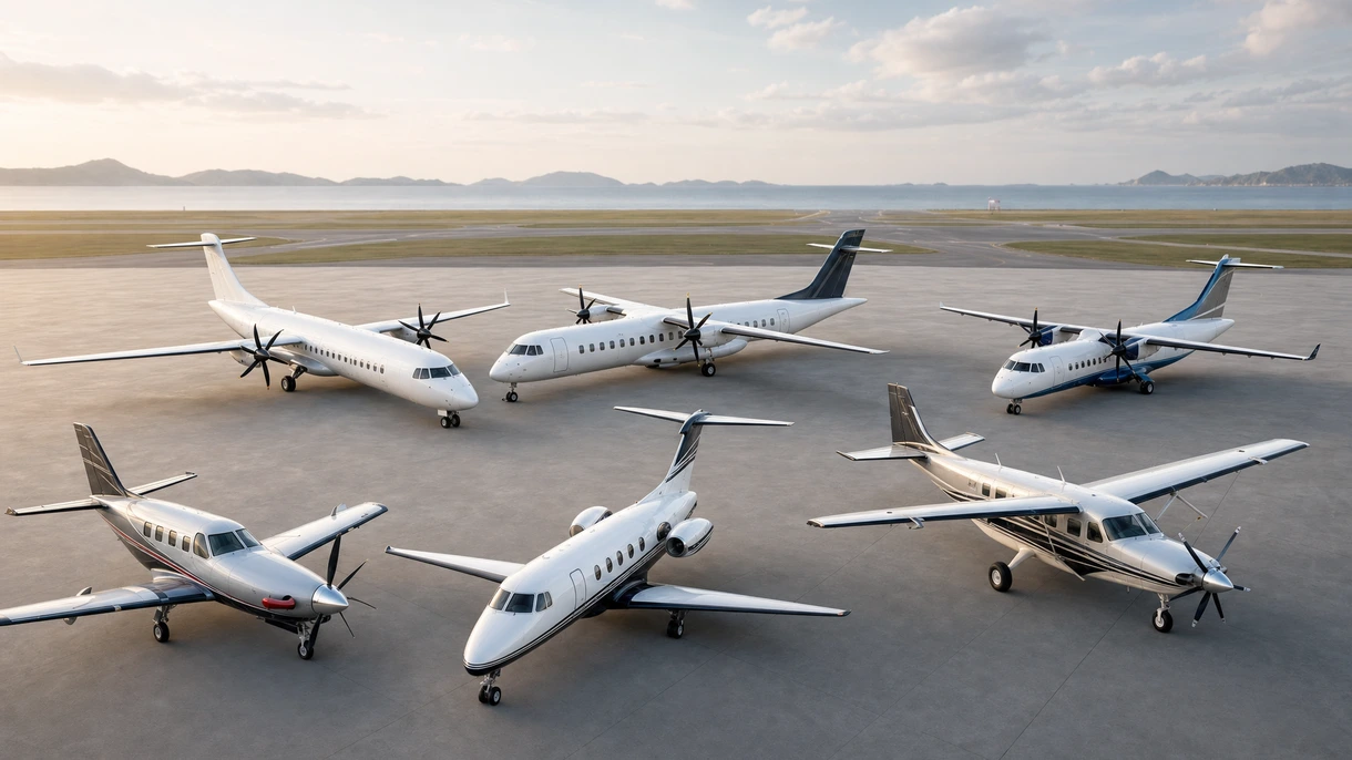 Regionales Turboprop-Flugzeug rollt bei Sonnenuntergang für den täglichen Flugbetrieb auf einer befestigten Start- und Landebahn eines Verkehrsflughafens.