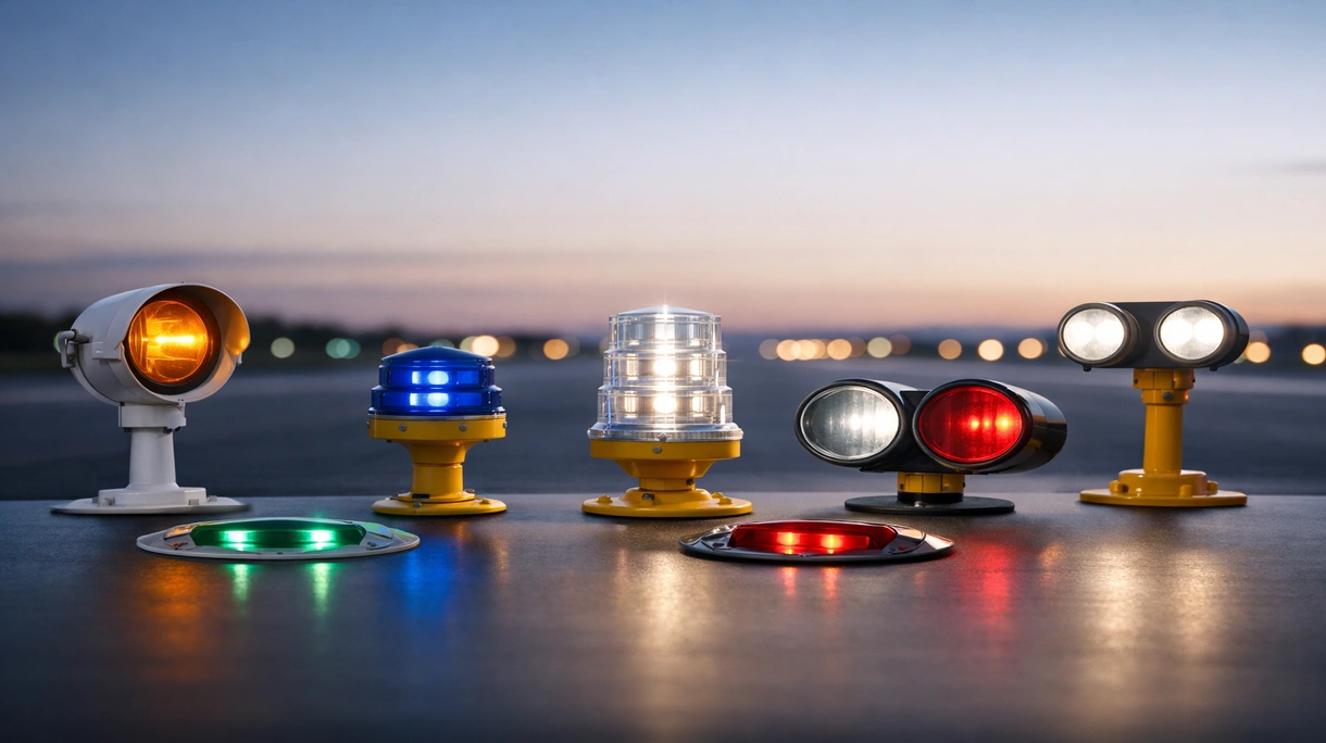 Präzise ausgerichtete LED-Rollfeld-Randfeuer, installiert an einer kommerziellen Start- und Landebahn während des nächtlichen Flugbetriebs und bei Rollvorgängen am Boden.