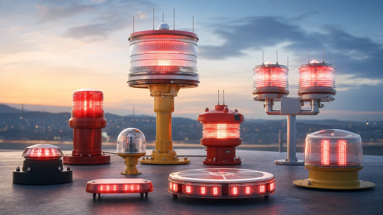 FAA-zertifizierte Hindernisleuchte mittlerer Intensität, installiert auf einem Tower eines Flughafens mit Blick auf eine Start- und Landebahn bei Dämmerung.