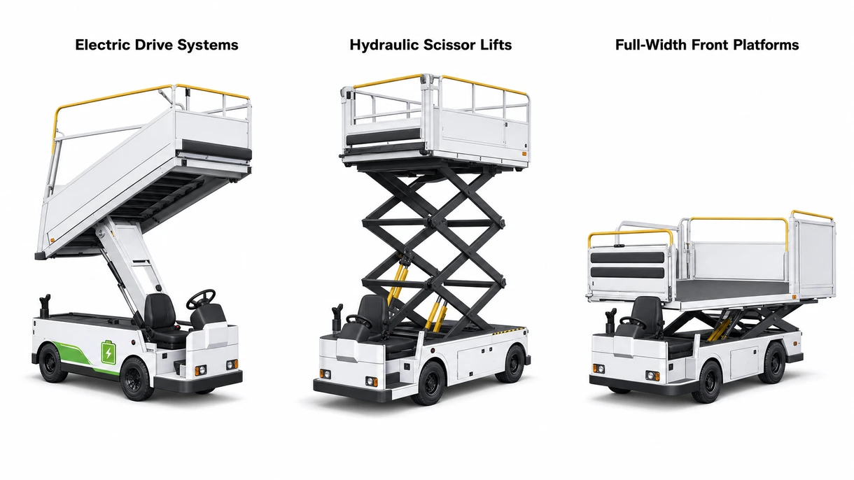 Technisches Detail des hydraulischen Hebesystems und der Sicherheitssensoren an einem professionellen Ambulift für die Luftfahrt zur Mobilitätsunterstützung.