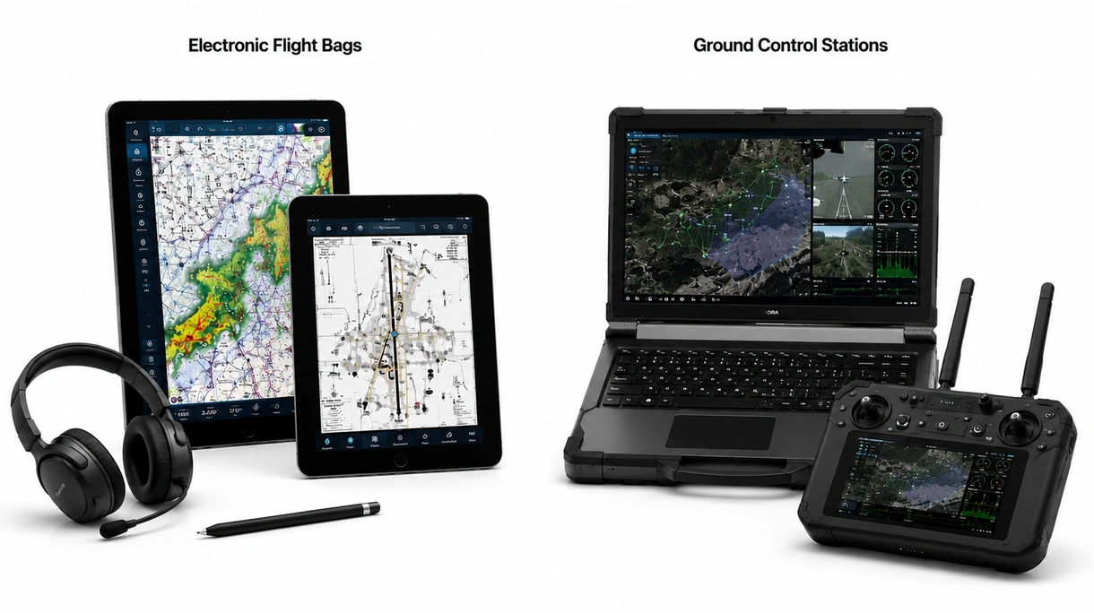 Technische Schnittstelle einer Navigationssoftware mit Echtzeit-Vektorkarten, Gelände-Warnsystemen und Flugpfad-Overlays.