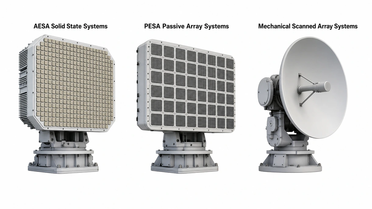 Nahaufnahme eines Active Electronically Scanned Arrays, die die einzelnen Sende- und Empfangsmodule auf der Antennenfläche zeigt.