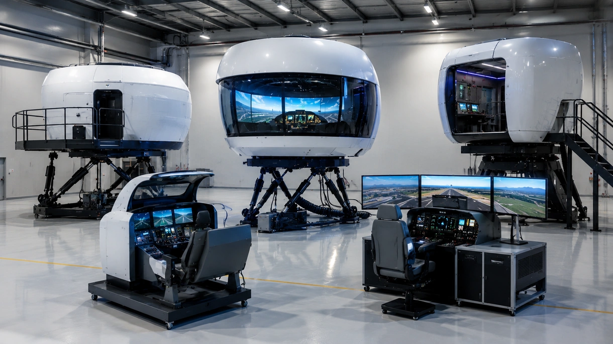 Simulador de vuelo completo profesional con base de movimiento de hexápodo y pantalla visual envolvente en un hangar de un centro de formación aeroespacial.