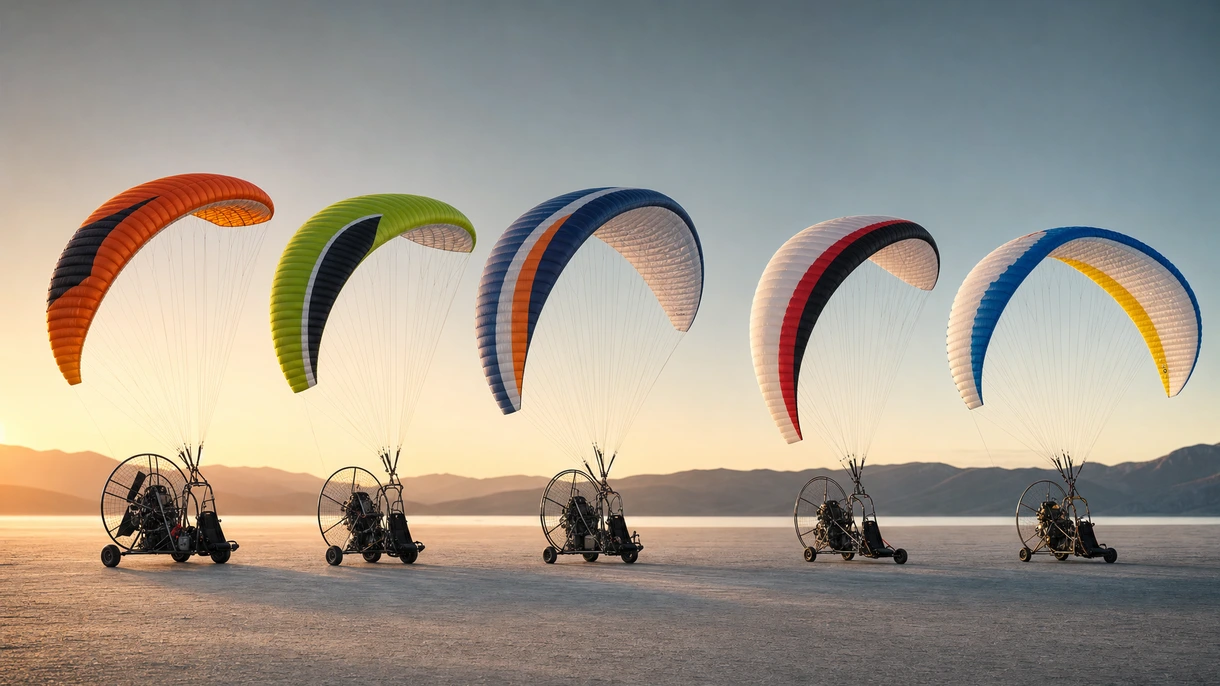 Piloto profesional operando una vela de paramotor con perfil de alto reflex durante una misión de vigilancia a baja altitud en un campo de pruebas de vuelo.
