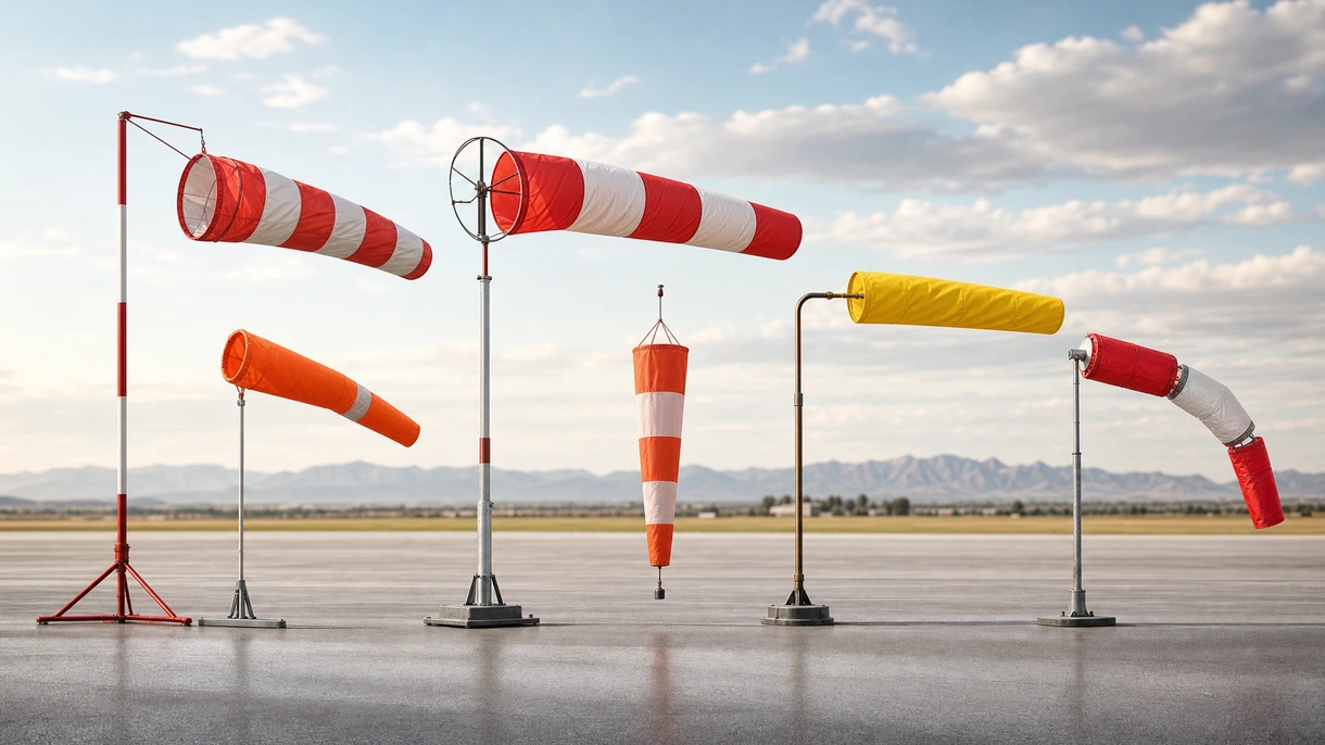 Cono de viento naranja conforme a la FAA montado en un poste frangible en la pista de un aeropuerto comercial para referencia visual de la dirección del viento para pilotos.