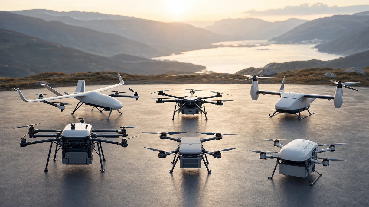 Dron de transporte profesional de gran capacidad transportando un contenedor de carga aeroespacial sobre una terminal aeroportuaria industrial durante operaciones diurnas.