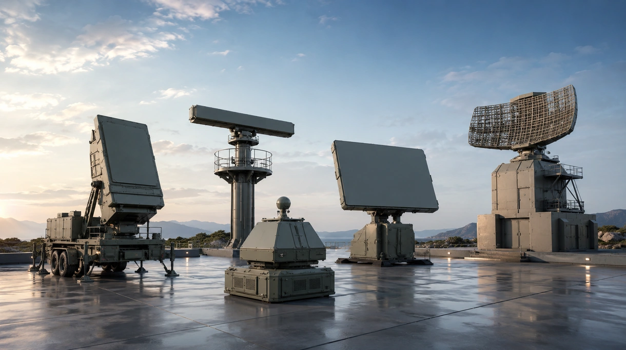 Instalación de radar terrestre de alta resolución con vistas a la pista de un aeropuerto internacional con aeronaves rodando para la gestión del tráfico.