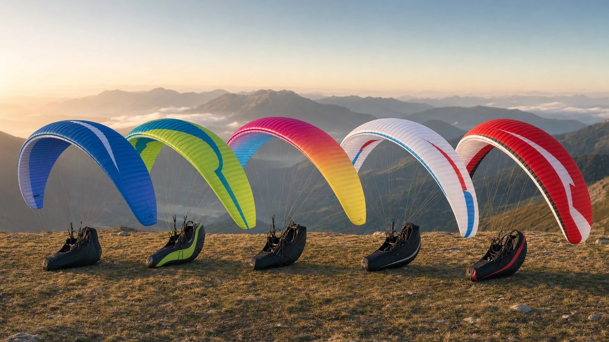 Parapente de deporte profesional sobrevolando montañas, demostrando sustentación aerodinámica y estabilidad para operaciones de vuelo comercial.