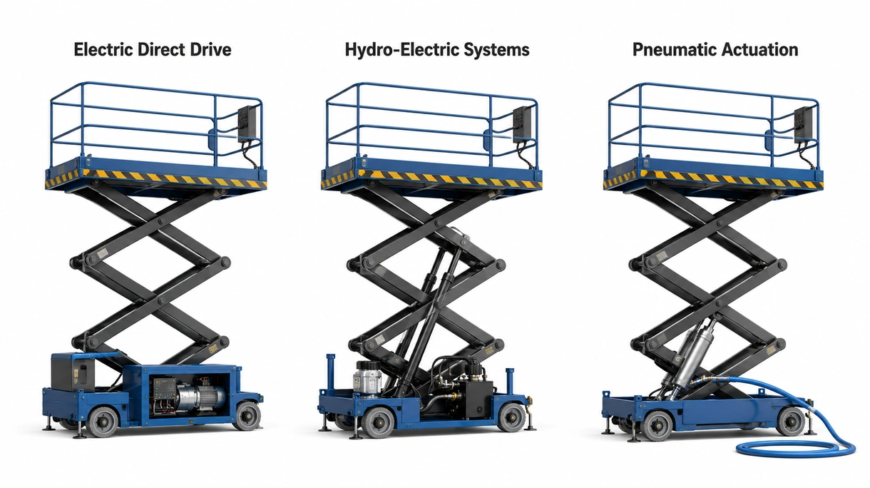 Primer plano técnico del conjunto hidráulico de una plataforma elevadora de tijera con brazos de acero reforzado y sensores de control de precisión.