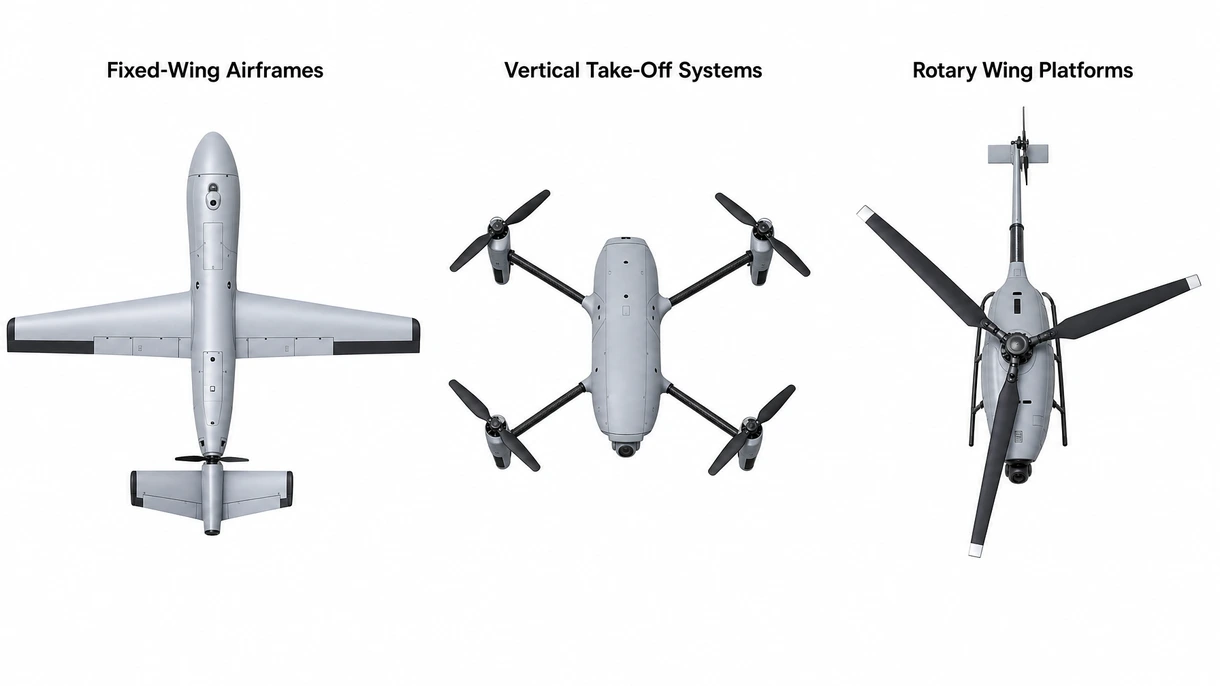 Primer plano detallado de una carga útil de cardán (gimbal) estabilizado que incorpora sensores infrarrojos y electroópticos en un dron de vigilancia profesional.