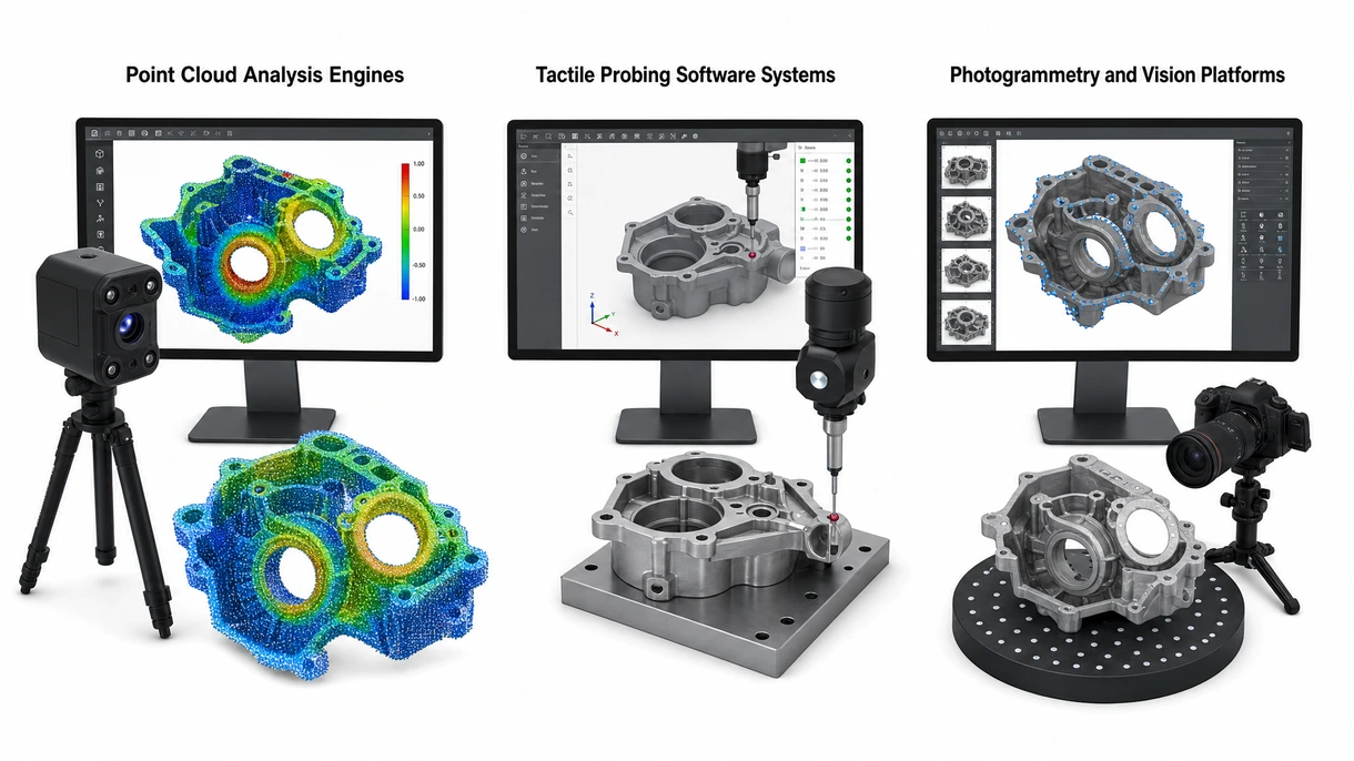 Primer plano de la interfaz del software de medición mostrando un análisis de desviación tridimensional mediante mapa de colores de un álabe de turbina.
