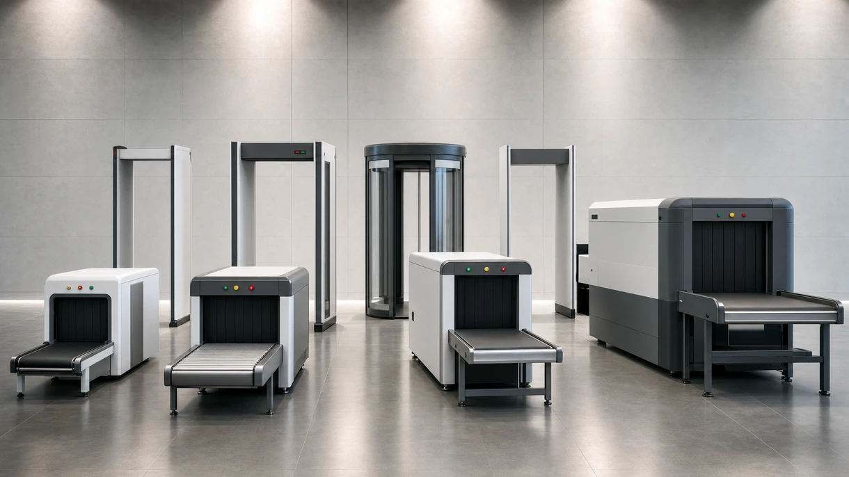 Point de contrôle de sécurité aéroportuaire équipé d'un scanner à rayons X double vue à haut débit traitant les bagages cabine des passagers dans un terminal.