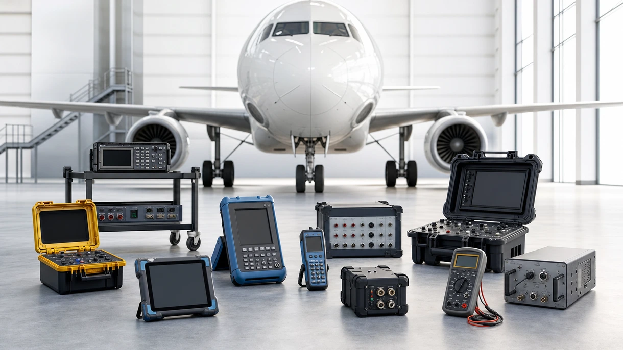 Technicien professionnel utilisant un testeur aéronautique numérique pour calibrer les systèmes avioniques dans le cockpit d'un avion commercial.