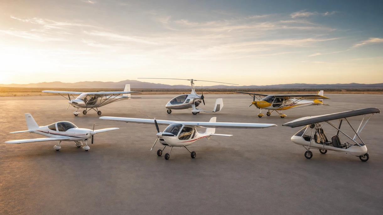 ULM biplace professionnel effectuant une mission d'entraînement au vol au-dessus d'un terminal d'aéroport régional moderne et d'infrastructures de piste.