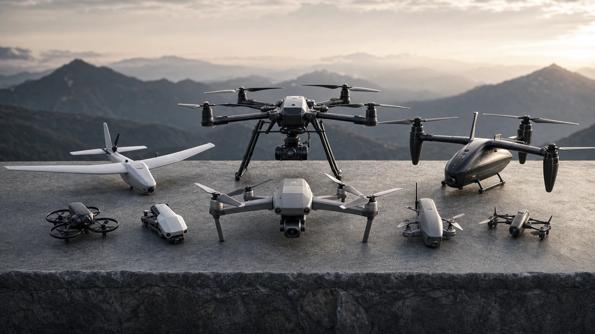 Opérateur professionnel déployant un mini drone en fibre de carbone pour l'inspection d'infrastructures industrielles lors d'une mission diurne par vents forts.