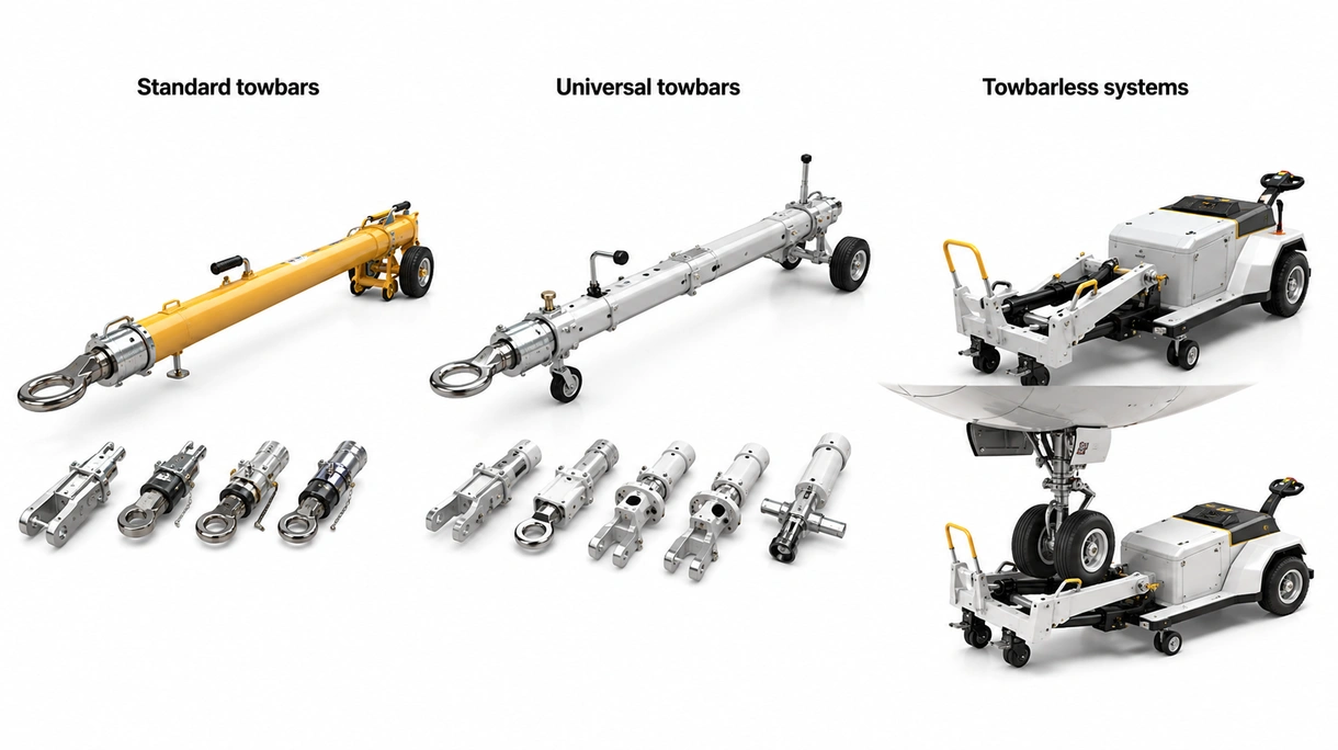 Vue détaillée d'un ensemble de goupilles de cisaillement calibrées et d'un mécanisme de levage hydraulique sur une barre de remorquage aéronautique haute résistance.