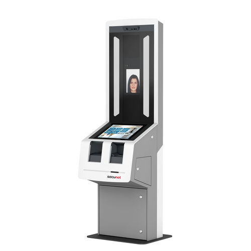 Borne d'enregistrement avec imprimante - EASYKIOSK - secunet Security Networks AG - avec lecteur de passeport / sur pied / pour aéroport