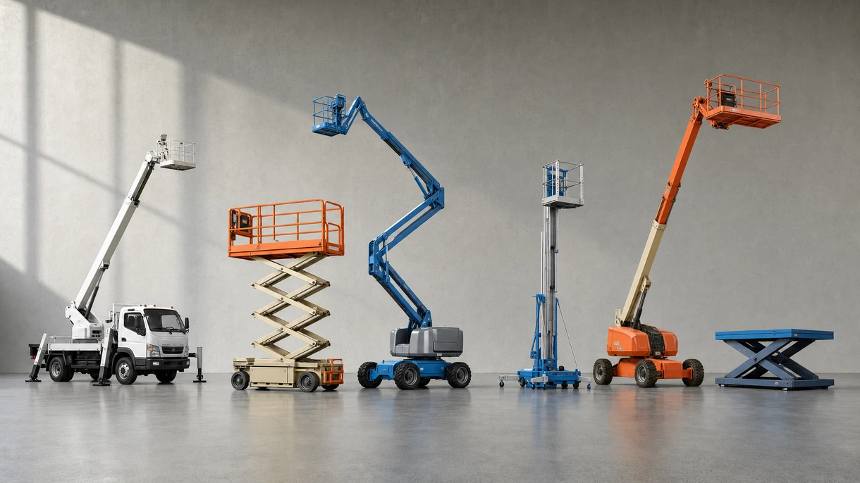 Aerospace technician performing engine maintenance using an electric scissor lifting platform in a wide-body aircraft hangar.