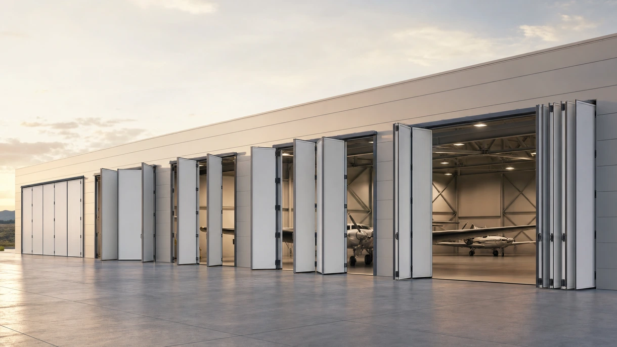 Wide-body aircraft exiting a commercial hangar through a massive vertical folding fabric door during sunset operations at an airport.