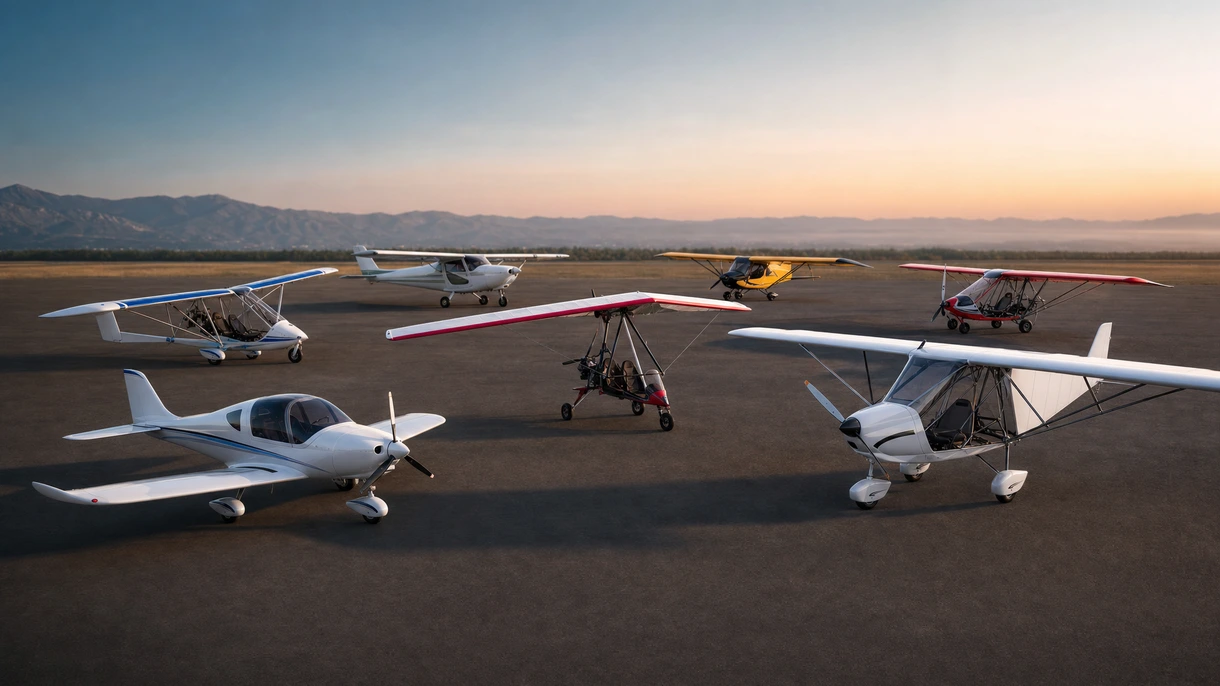 Professional pilot performing a pre-flight inspection on a high-wing sport ULM aircraft at a paved regional airport apron.