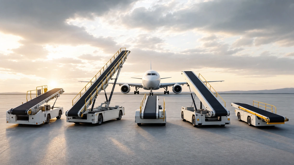 Electric airport belt loader positioned at the cargo hold of a narrow-body aircraft during baggage loading on the ramp.
