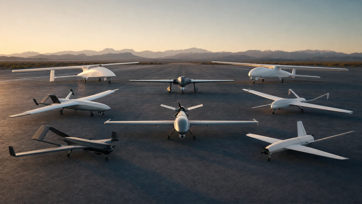 Professional fixed-wing UAV performing autonomous aerial surveys over a large international airport runway during the day.