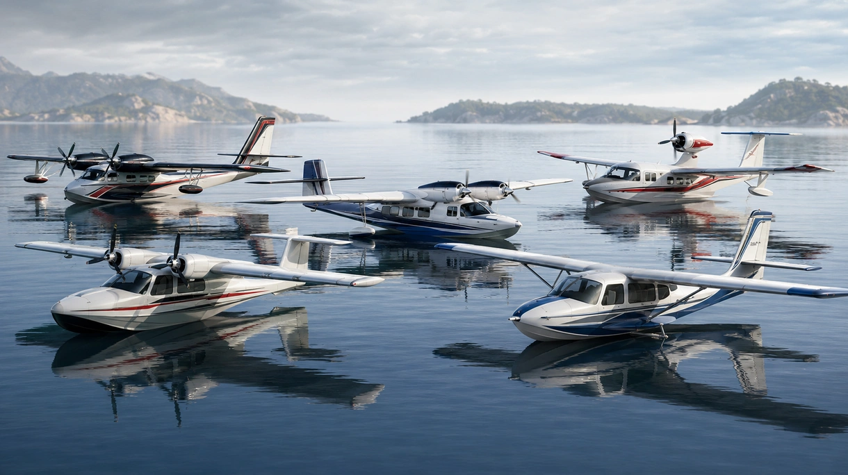 Professional amphibious aircraft performing a water takeoff during a search and rescue mission in high sea state conditions.