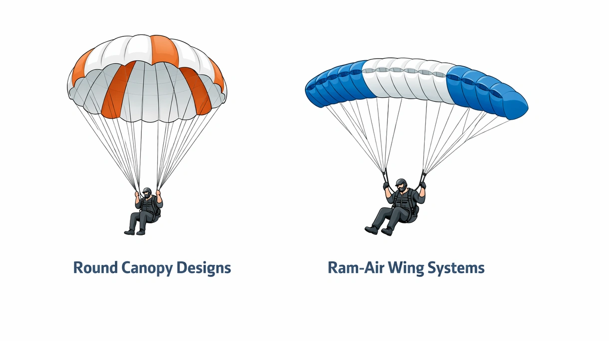 Macro view of high-tenacity parachute ripstop fabric and reinforced structural stitching on a certified emergency pilot canopy system.
