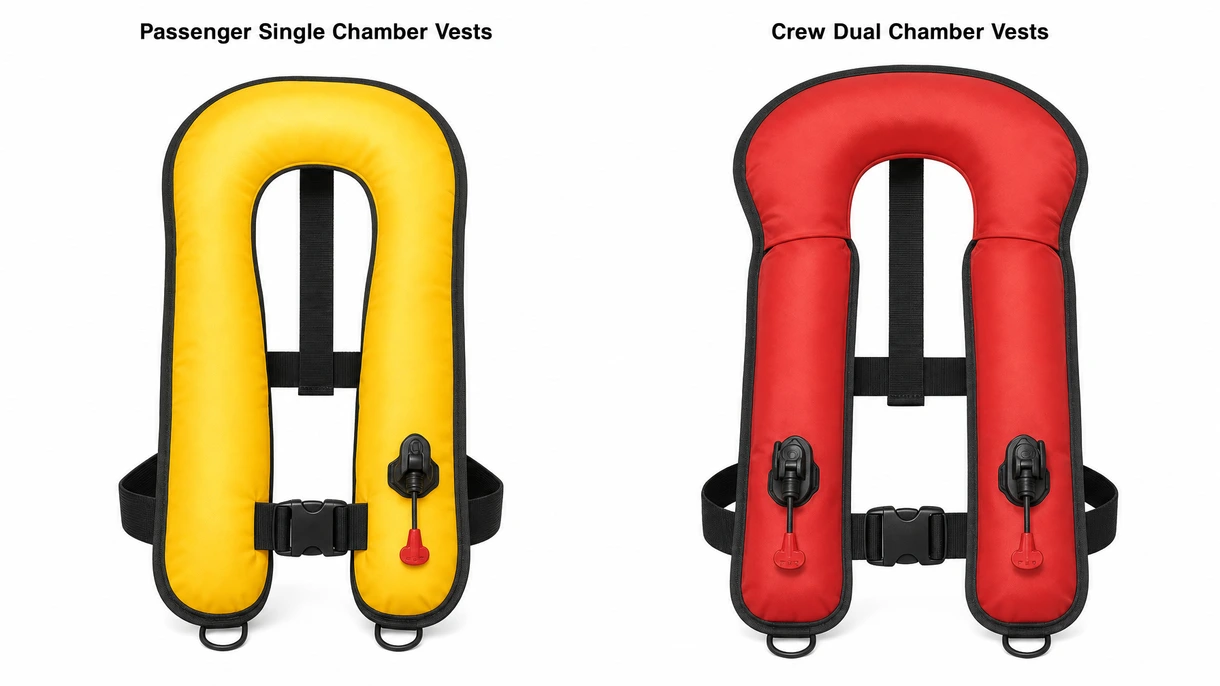 Detailed view of a dual-chamber aviation life jacket CO2 inflator mechanism and water-activated battery-powered emergency location light.