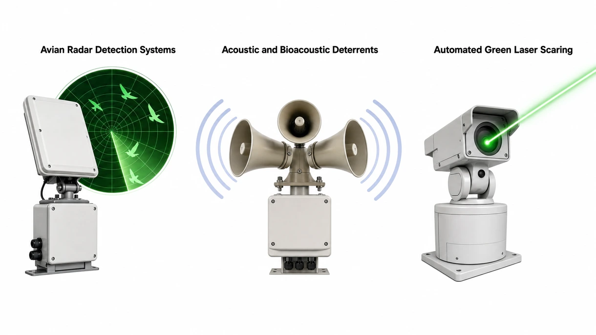 Technical close-up of a weather-hardened S-band avian radar sensor showing the high-precision mounting and signal processing unit.