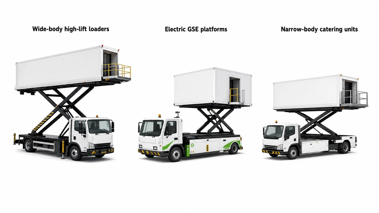 Detailed view of the heavy-duty hydraulic scissor lift mechanism and electronic safety sensors of an aerospace catering truck.