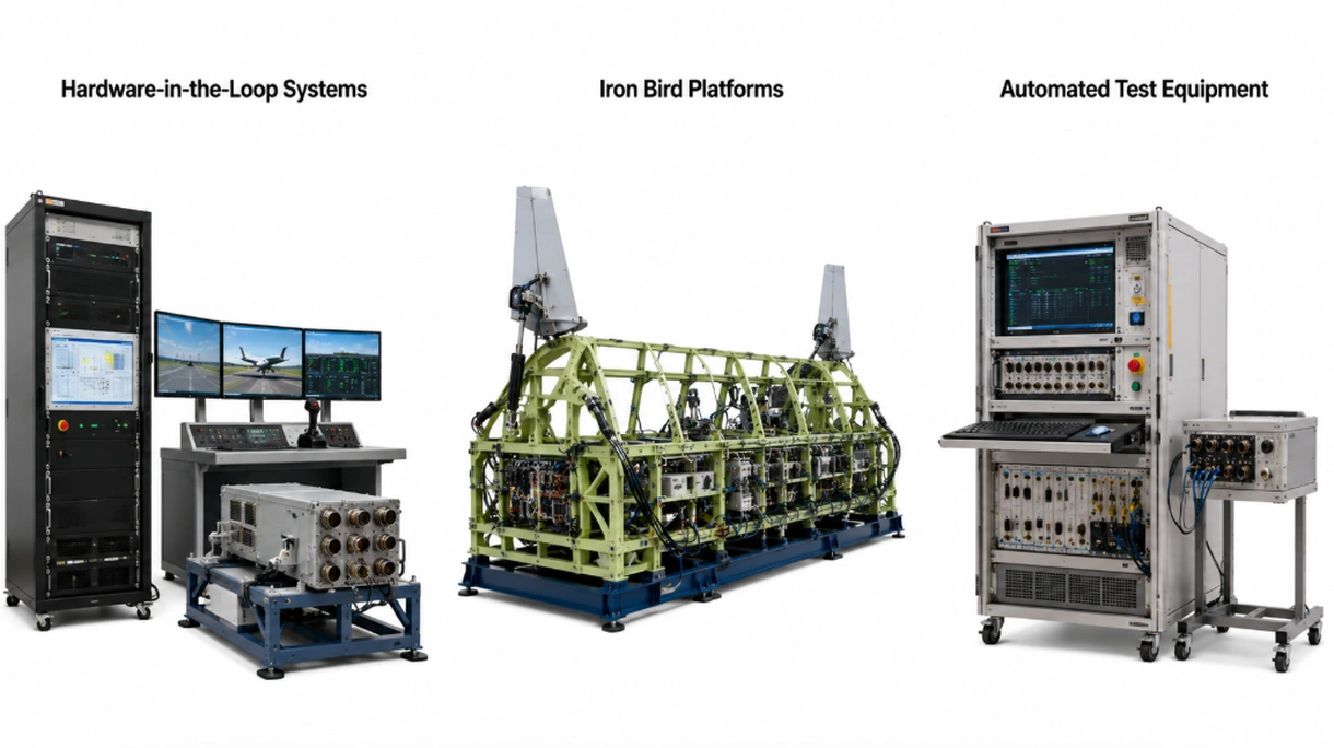 Detailed view of high-density ARINC 429 wiring and signal conditioning modules within a modular aerospace test bench rack.