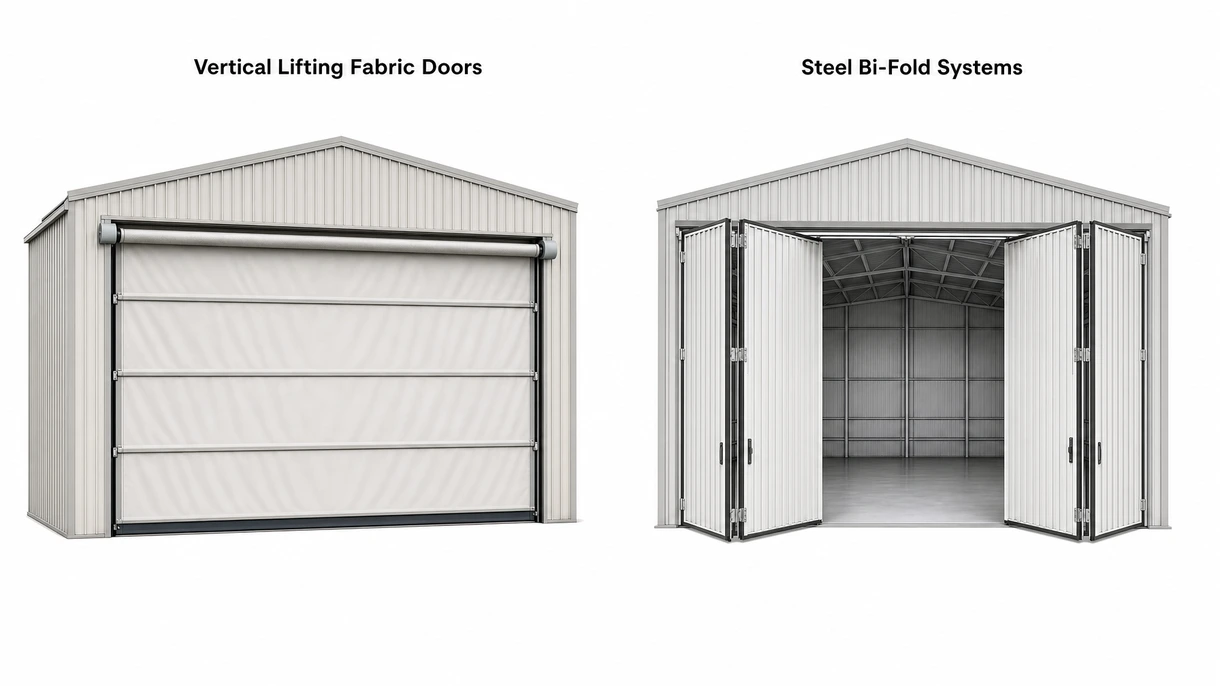 Technical detail of a heavy-duty steel hinge and weather-resistant seal assembly on a multi-panel folding hangar door system.