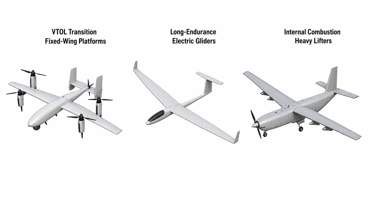 Technical close-up of a fixed-wing UAV carbon fiber wing structure showing integrated pitot tubes and flight sensors.
