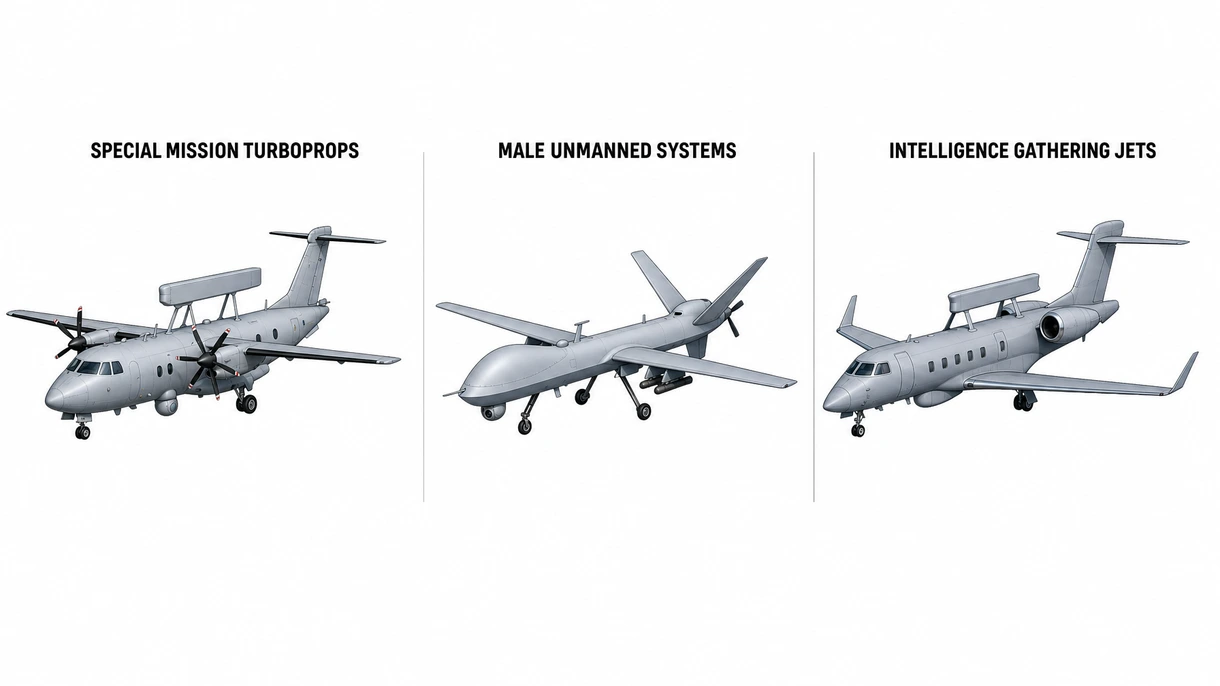 Technical detail of a fuselage-mounted synthetic aperture radar and high-frequency communication antennas on a surveillance aircraft.