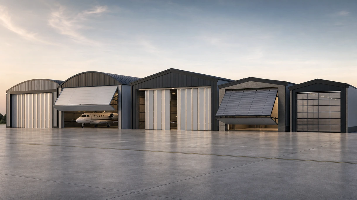 Porta per hangar a impacchettamento verticale di grande ampiezza in fase di apertura per un aeromobile commerciale wide-body in una struttura di manutenzione aeroportuale.