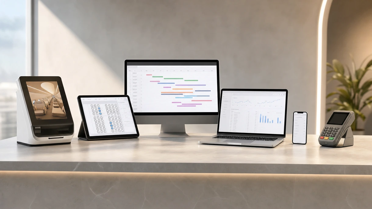Centro operativo aeroportuale che monitora in tempo reale il flusso dei passeggeri e lo stato dei gate di imbarco tramite una dashboard software professionale.