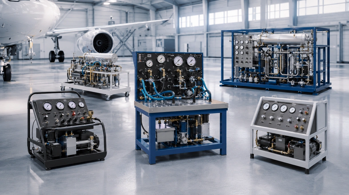 Tecnico aerospaziale che utilizza un banco per test in pressione idraulico ad alta pressione all'interno di una struttura di manutenzione certificata per il collaudo di carrelli di atterraggio.