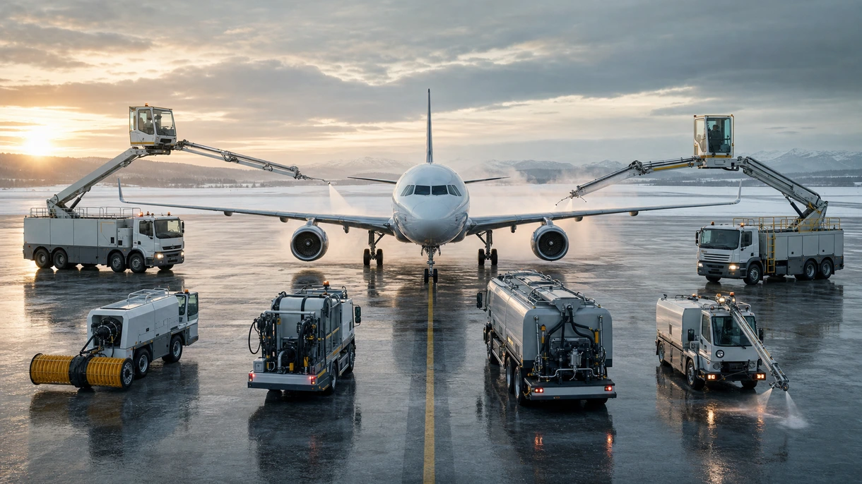 Veicolo di deicing professionale che estende il braccio telescopico per spruzzare il fluido sull'ala di un aeromobile wide-body durante le operazioni aeroportuali.