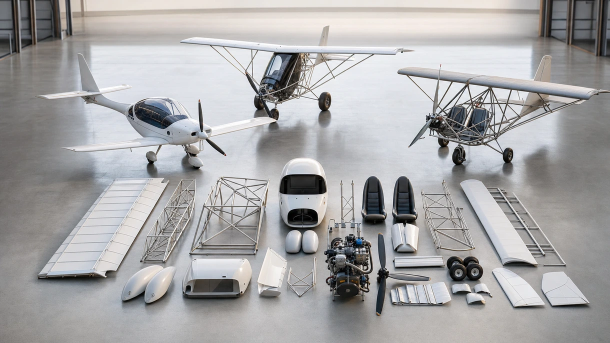 Tecnici professionisti che assemblano un ULM in kit ad alte prestazioni all'interno di un hangar aerospaziale certificato utilizzando strumenti di precisione.
