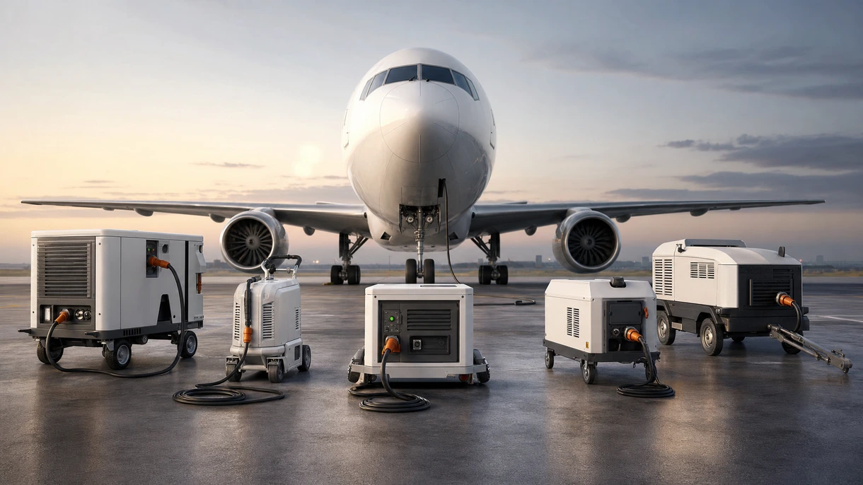GPU diesel mobile collegata a un aeromobile narrow-body sul piazzale di un aeroporto commerciale durante le operazioni di pre-volo.