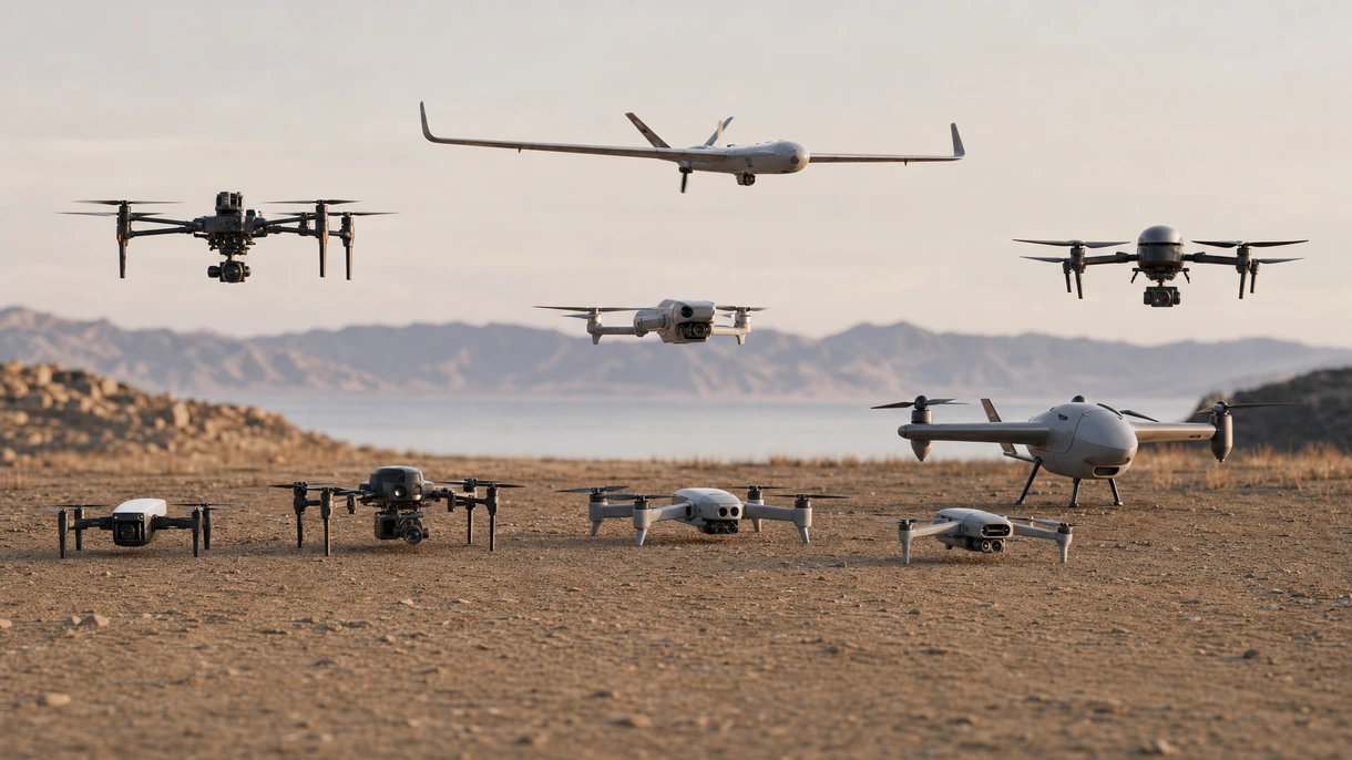 Drone di sorveglianza professionale ad ala fissa durante un pattugliamento autonomo sopra una struttura aerospaziale sicura durante operazioni al tramonto.