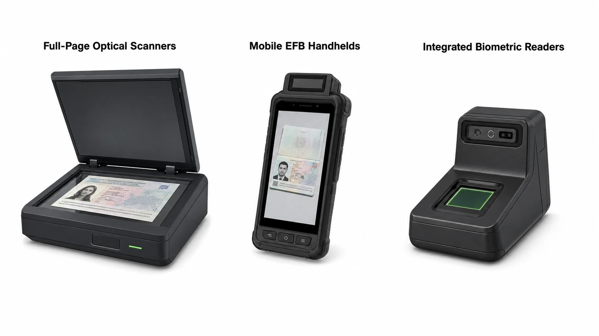 Dettaglio tecnico del sensore ottico di un lettore di documenti mentre acquisisce elementi di sicurezza UV su un documento di viaggio leggibile meccanicamente.