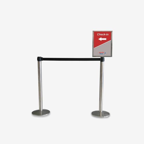Colonnina con nastro con cinghia - UFL Group - a testa piatta / con pannello pubblicitario integrato / per aeroporto