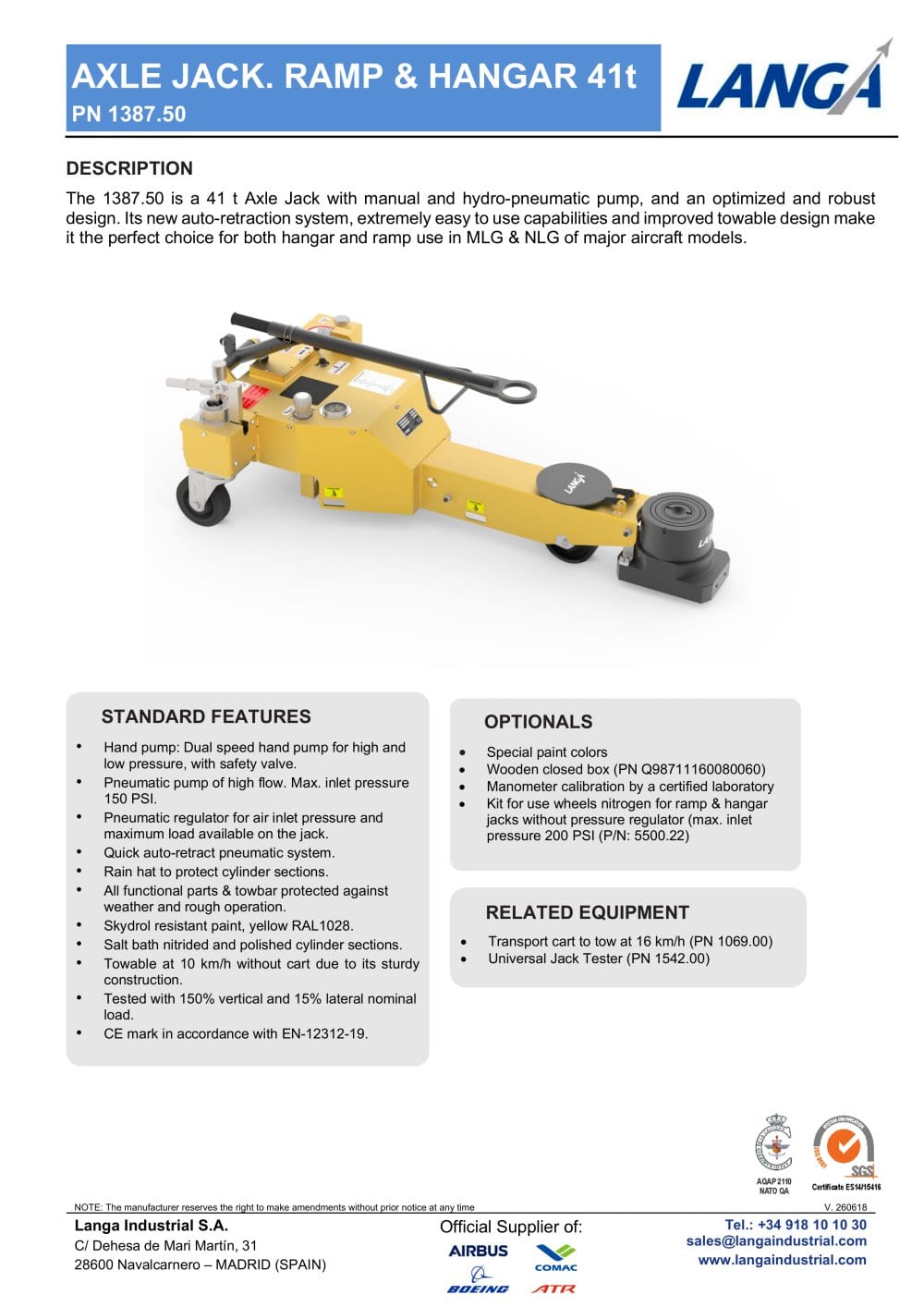 AXLE JACK. RAMP & HANGAR 41t PN 1387.50 - LANGA INDUSTRIAL