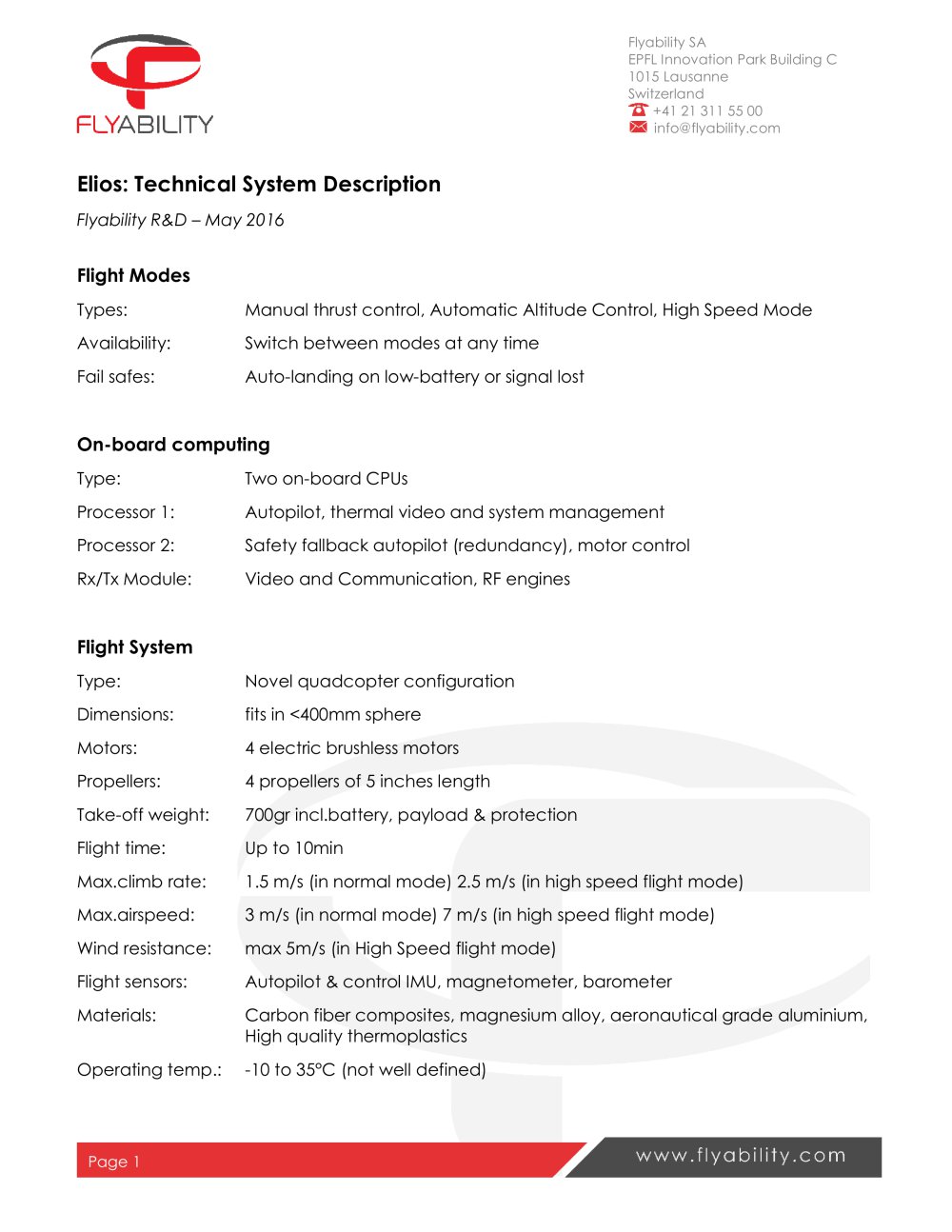 Elios Technical Specifications - FLYABILITY