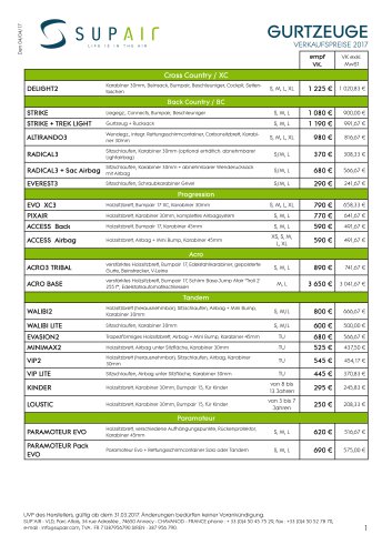 GURTZEUGE VERKAUFSPREISE 2017