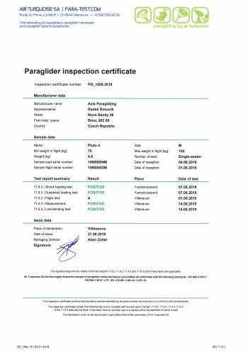 Pluto 4 – Inspection Certificate