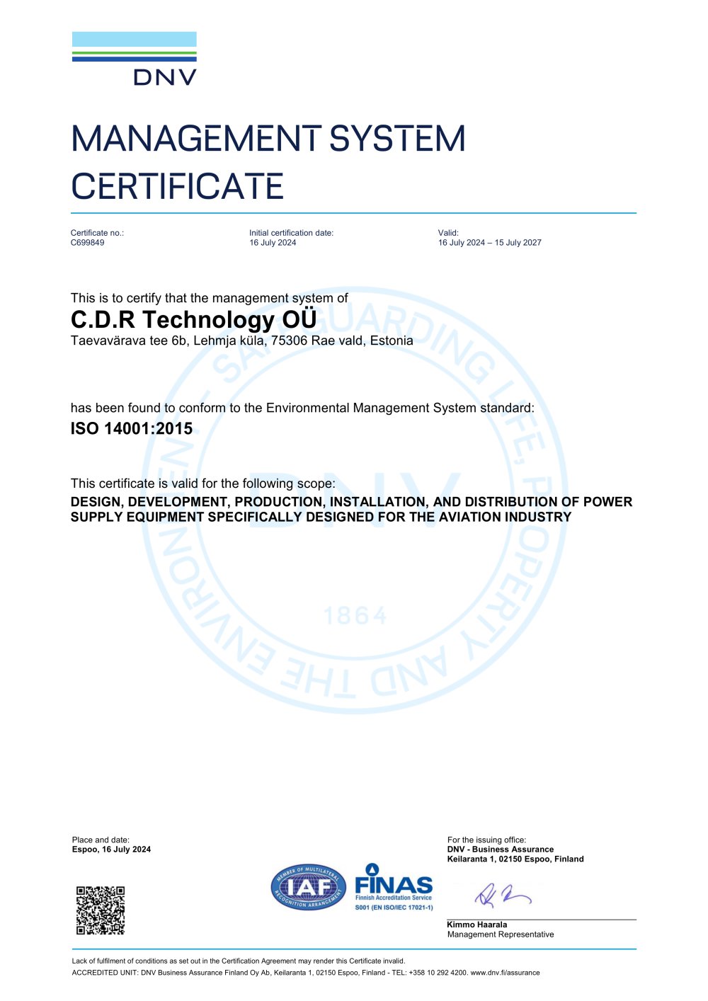 Certification 14001 - C.D.R Technology